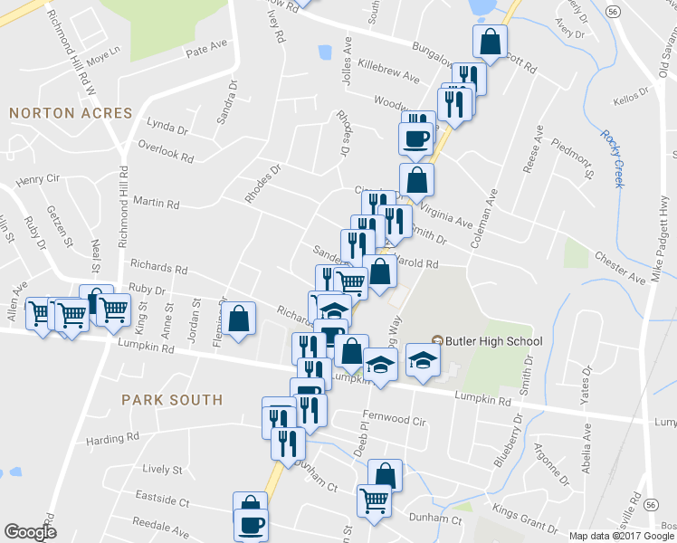 map of restaurants, bars, coffee shops, grocery stores, and more near 2104 Sanders Road in Augusta