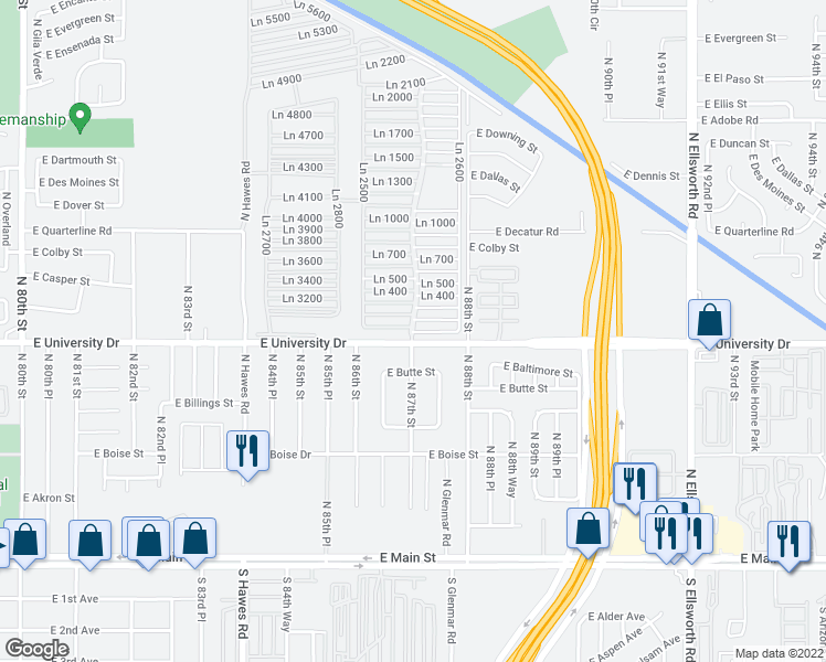 map of restaurants, bars, coffee shops, grocery stores, and more near 8700 East University Drive in Mesa