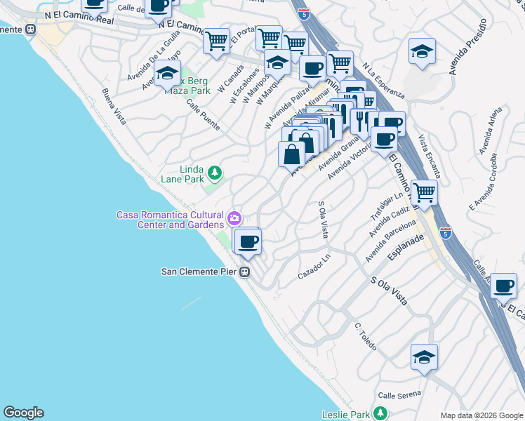 map of restaurants, bars, coffee shops, grocery stores, and more near in San Clemente
