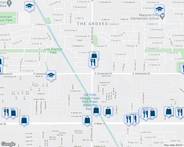 map of restaurants, bars, coffee shops, grocery stores, and more near E University Dr & N Val Vista Dr in Mesa