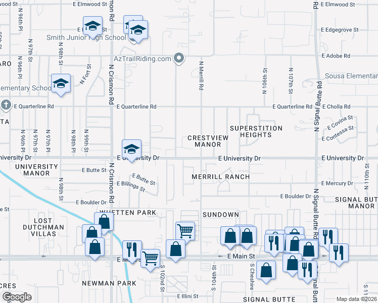 map of restaurants, bars, coffee shops, grocery stores, and more near 10301 East Cicero Circle in Mesa