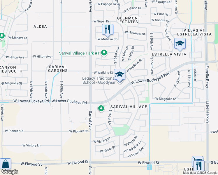 map of restaurants, bars, coffee shops, grocery stores, and more near 16131 West Hammond Street in Goodyear
