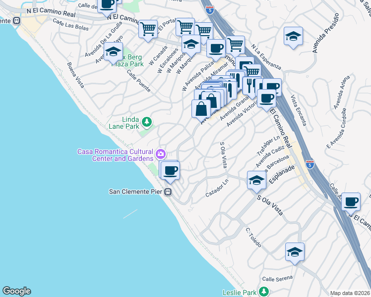 map of restaurants, bars, coffee shops, grocery stores, and more near 314 Avenida Granada in San Clemente