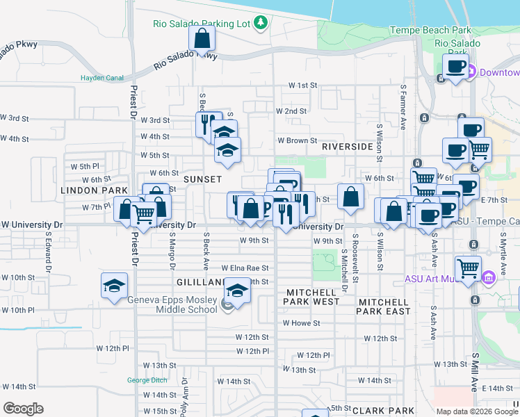 map of restaurants, bars, coffee shops, grocery stores, and more near 710 South Hardy Drive in Tempe