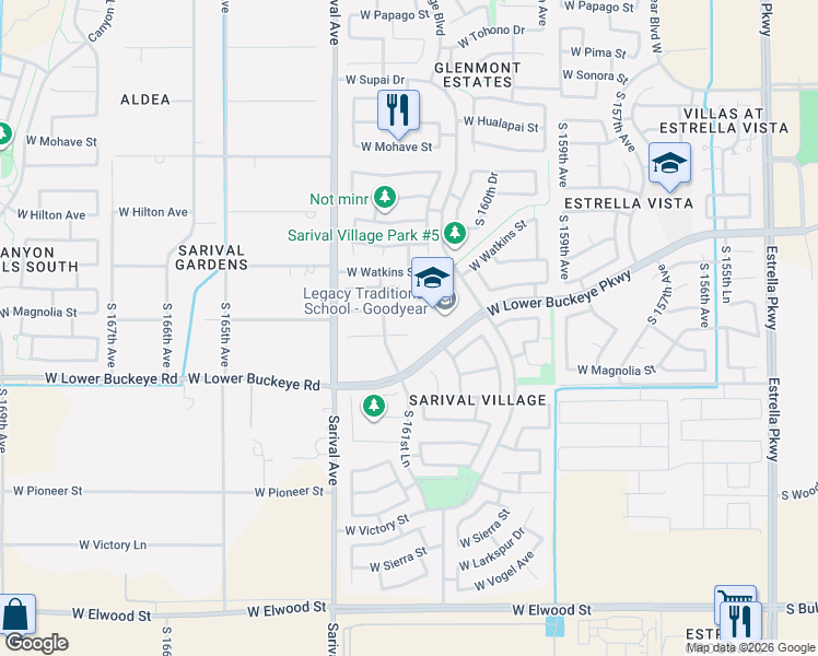 map of restaurants, bars, coffee shops, grocery stores, and more near 16102 West Magnolia Street in Goodyear