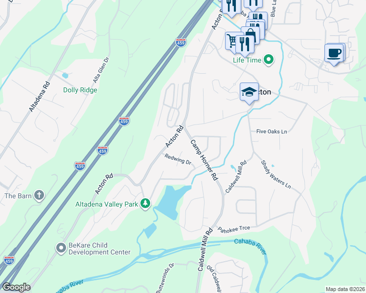 map of restaurants, bars, coffee shops, grocery stores, and more near 4117 Nekoosa Circle in Birmingham