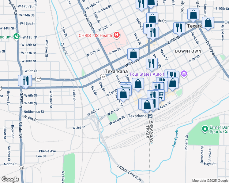map of restaurants, bars, coffee shops, grocery stores, and more near 599 W 5th St in Texarkana
