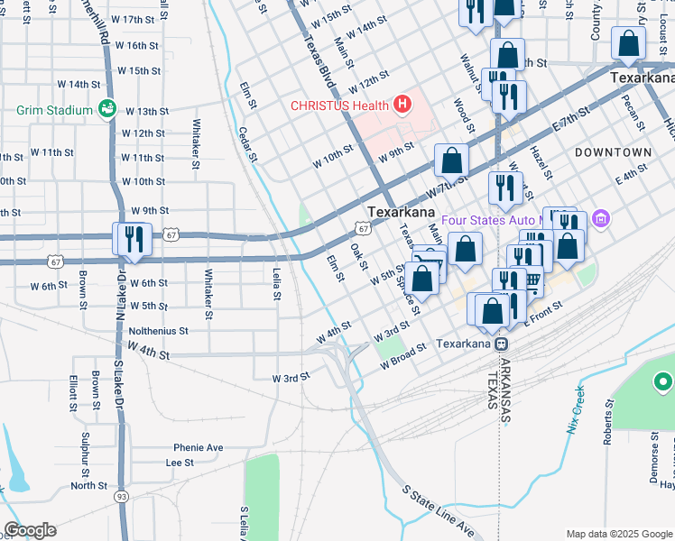map of restaurants, bars, coffee shops, grocery stores, and more near 601 Elm Street in Texarkana