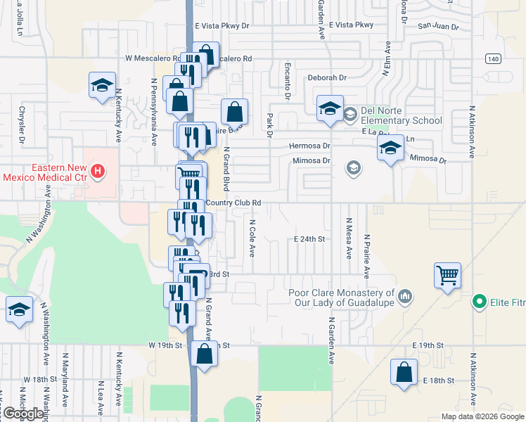 map of restaurants, bars, coffee shops, grocery stores, and more near 306 East Country Club Road in Roswell