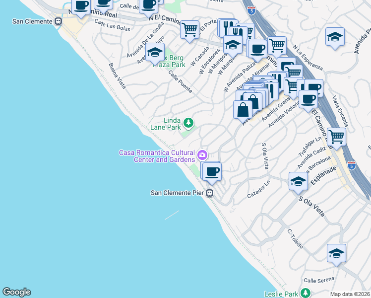 map of restaurants, bars, coffee shops, grocery stores, and more near 412 Arenoso Lane in San Clemente