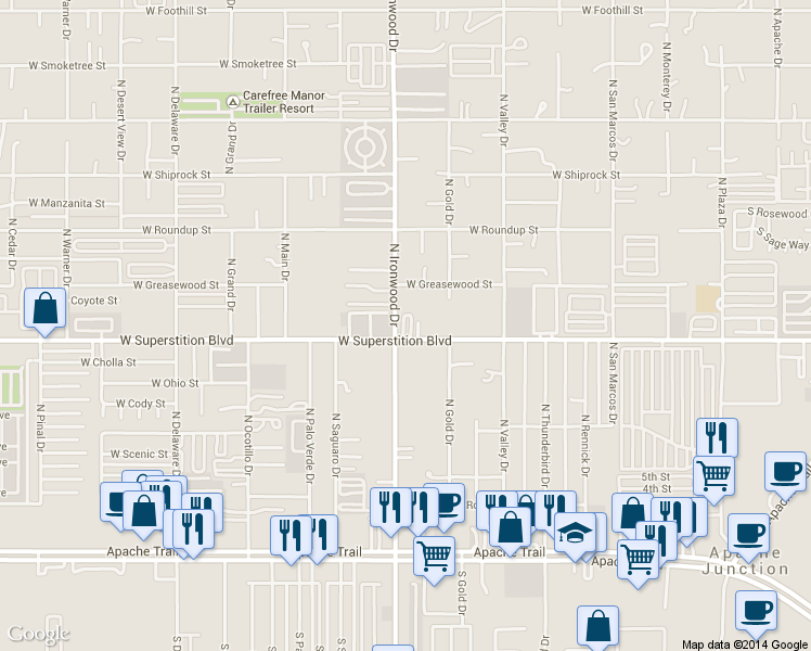 map of restaurants, bars, coffee shops, grocery stores, and more near 1560 West Superstition Boulevard in Apache Junction