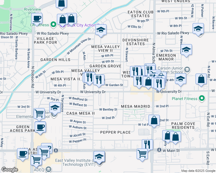 map of restaurants, bars, coffee shops, grocery stores, and more near 1445 West Garden Street in Mesa