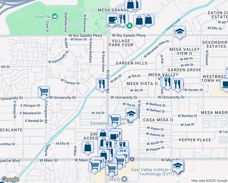 map of restaurants, bars, coffee shops, grocery stores, and more near 1940 West University Drive in Mesa