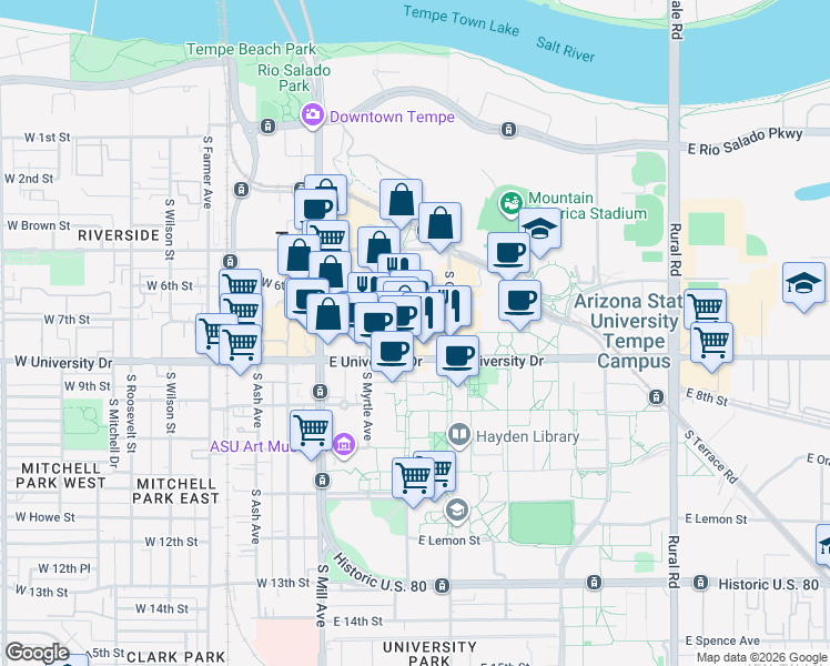 map of restaurants, bars, coffee shops, grocery stores, and more near in Tempe