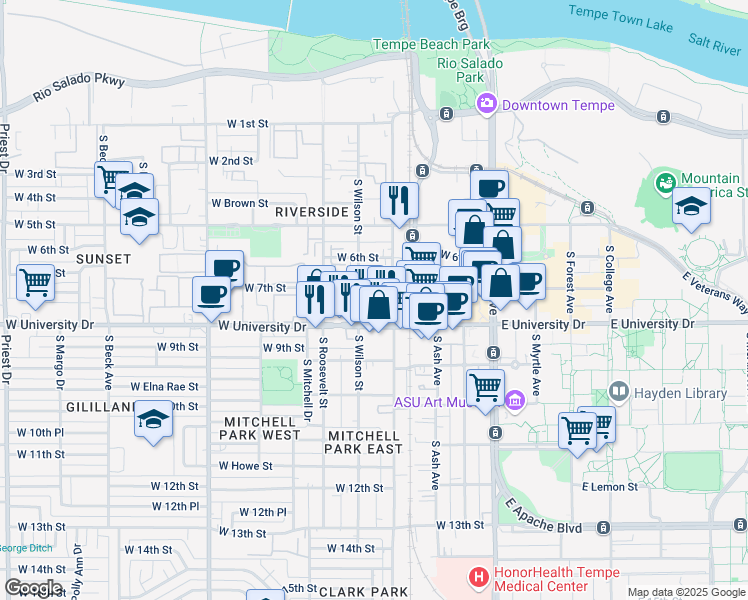 map of restaurants, bars, coffee shops, grocery stores, and more near 407 West 7th Street in Tempe