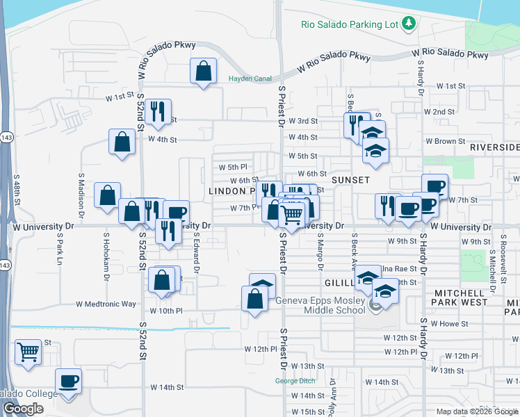 map of restaurants, bars, coffee shops, grocery stores, and more near in Tempe