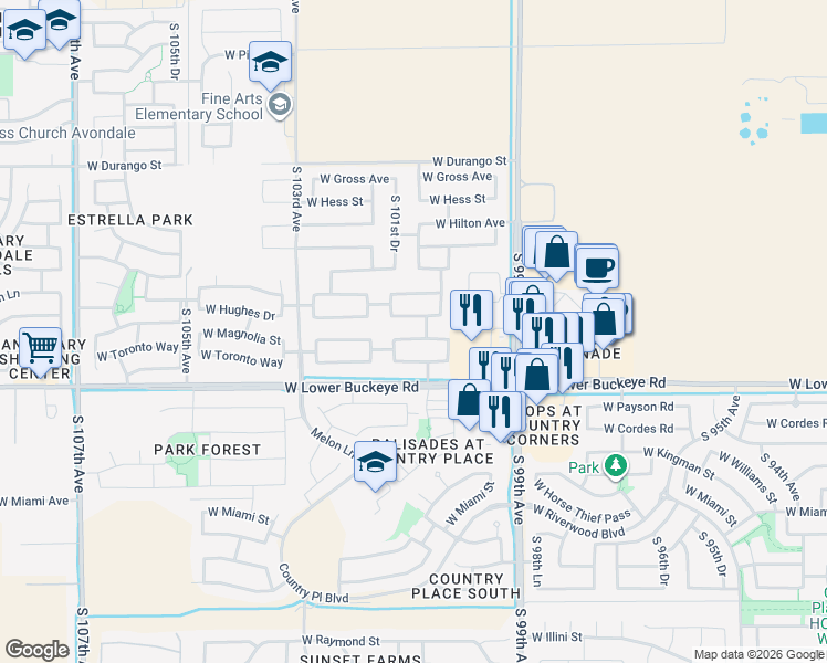 map of restaurants, bars, coffee shops, grocery stores, and more near 10047 West Flavia Haven in Tolleson