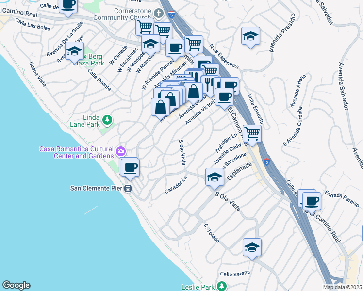 map of restaurants, bars, coffee shops, grocery stores, and more near 401 South Ola Vista in San Clemente