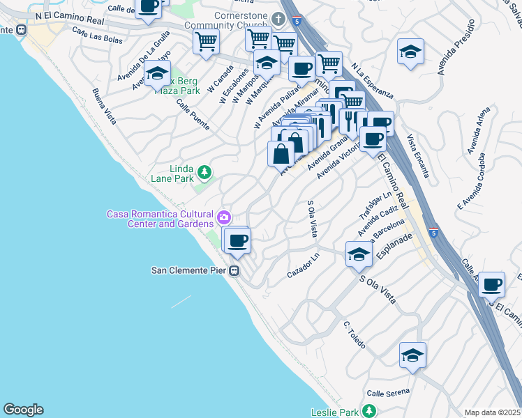 map of restaurants, bars, coffee shops, grocery stores, and more near in San Clemente