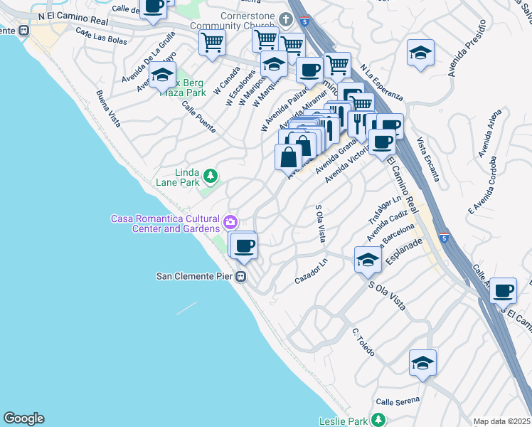 map of restaurants, bars, coffee shops, grocery stores, and more near in San Clemente