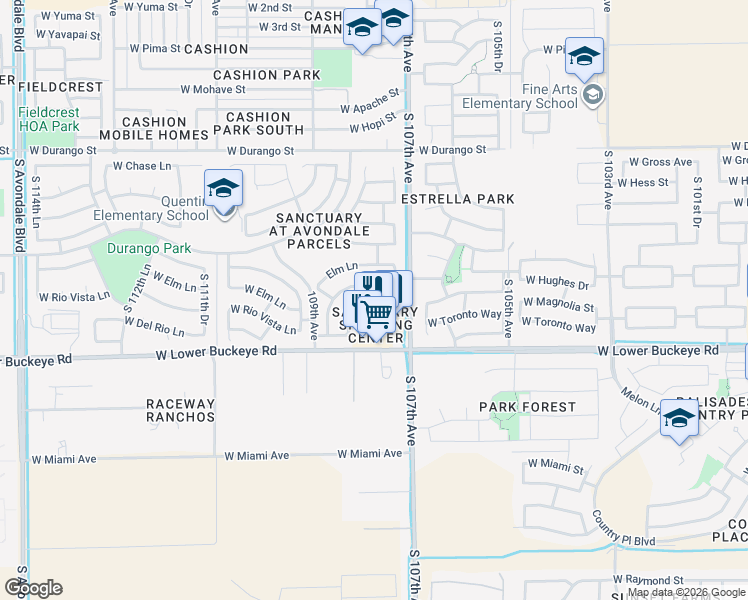 map of restaurants, bars, coffee shops, grocery stores, and more near 10779 West Rio Vista Lane in Avondale
