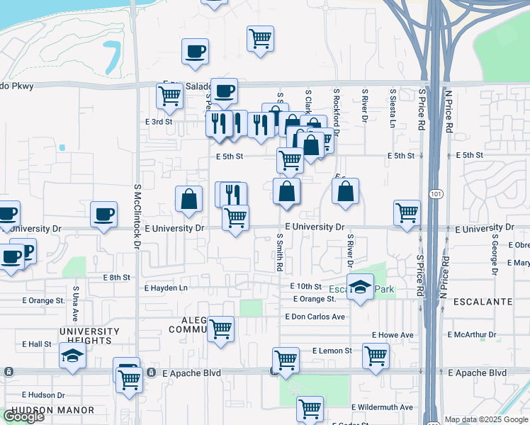 map of restaurants, bars, coffee shops, grocery stores, and more near 1992 East University Drive in Tempe