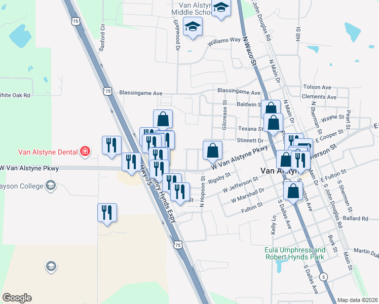 map of restaurants, bars, coffee shops, grocery stores, and more near 351 La Salle Drive in Van Alstyne