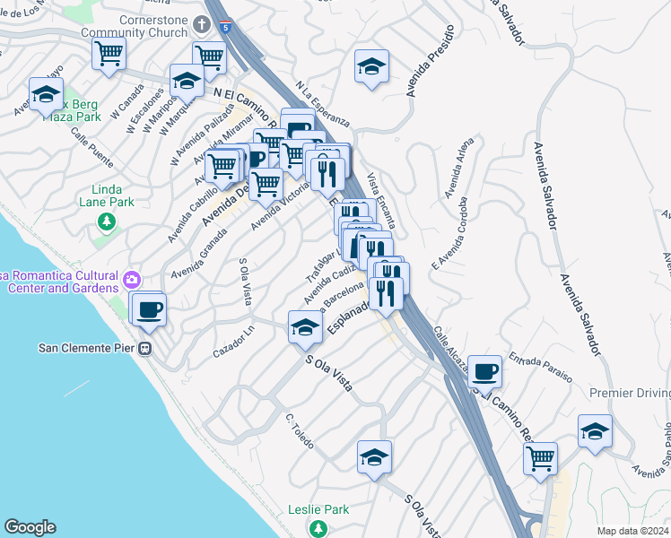 map of restaurants, bars, coffee shops, grocery stores, and more near 114 Avenida Cadiz in San Clemente