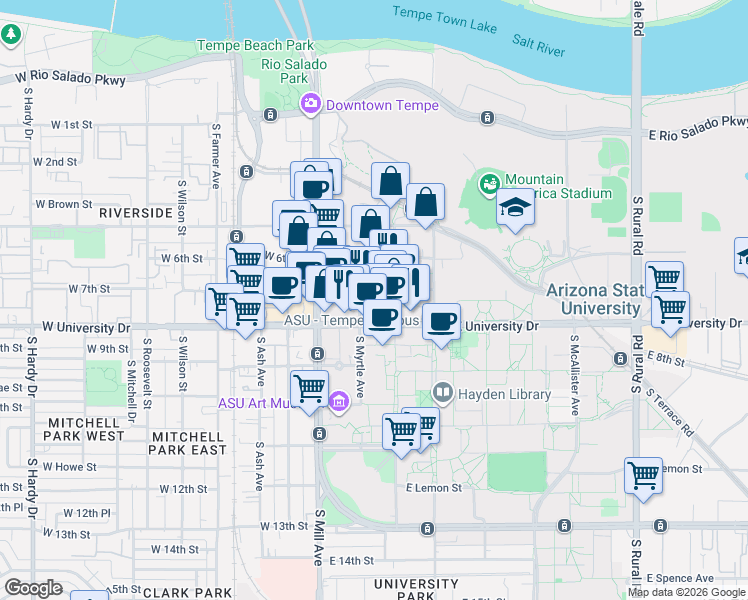 map of restaurants, bars, coffee shops, grocery stores, and more near 111 East 7th Street in Tempe