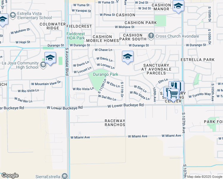 map of restaurants, bars, coffee shops, grocery stores, and more near 11222 West Rio Vista Lane in Avondale