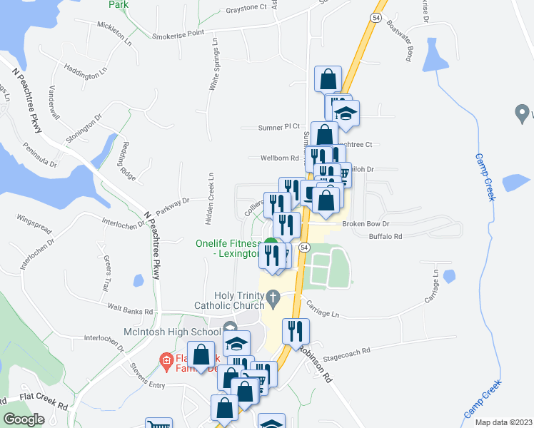 map of restaurants, bars, coffee shops, grocery stores, and more near 104 Lexington Village in Peachtree City