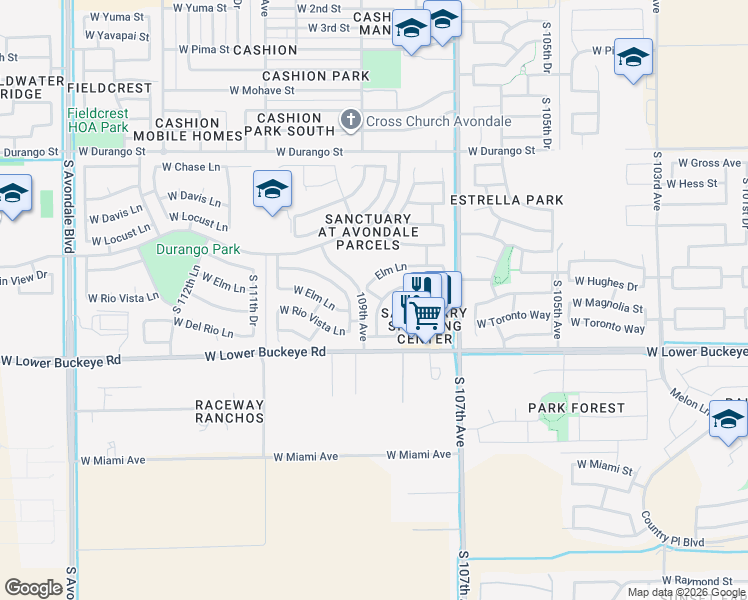map of restaurants, bars, coffee shops, grocery stores, and more near 10826 West Rio Vista Lane in Avondale