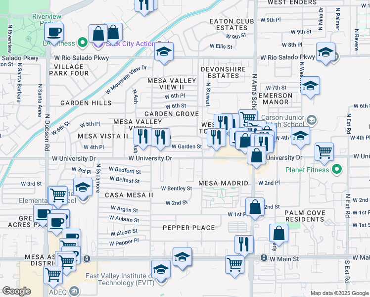 map of restaurants, bars, coffee shops, grocery stores, and more near 1445 W Garden St in Mesa