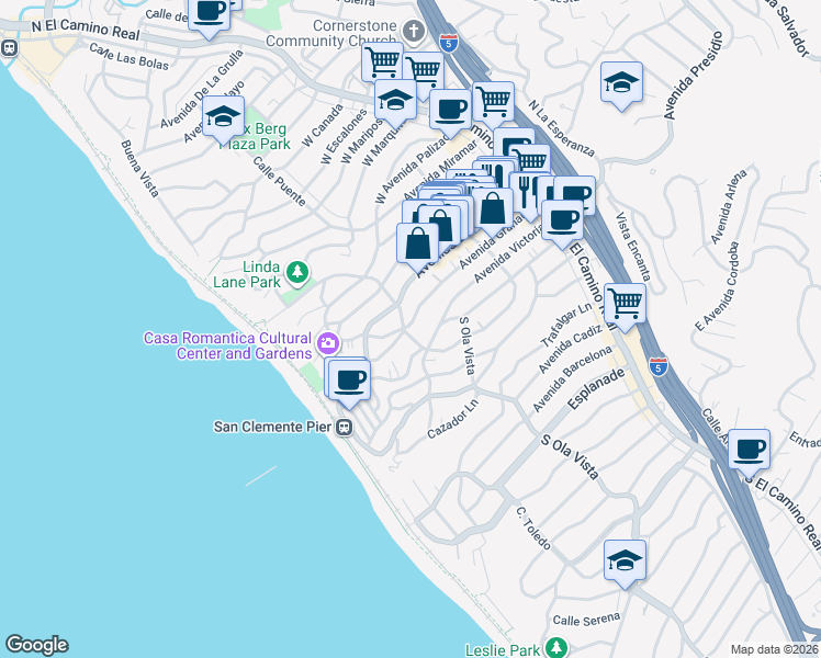 map of restaurants, bars, coffee shops, grocery stores, and more near 201 South Calle Seville in San Clemente