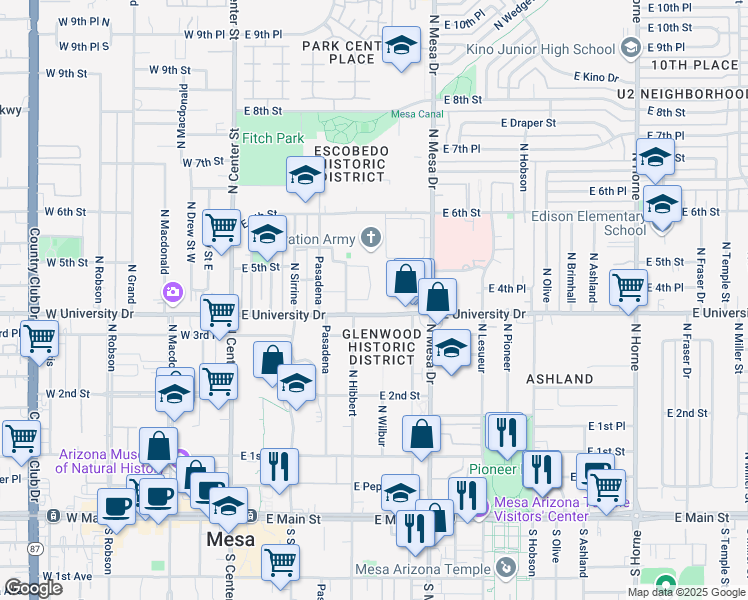map of restaurants, bars, coffee shops, grocery stores, and more near 262 East University Drive in Mesa