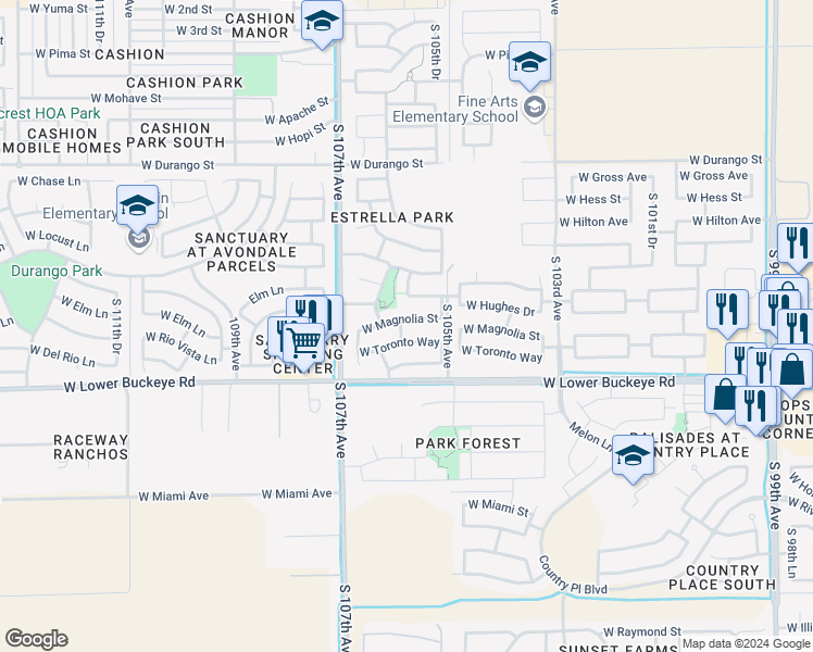 map of restaurants, bars, coffee shops, grocery stores, and more near 10533 West Magnolia Street in Tolleson