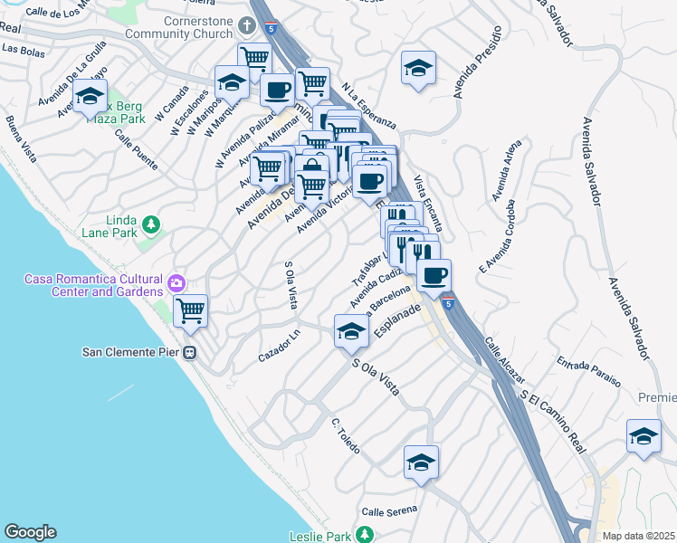 map of restaurants, bars, coffee shops, grocery stores, and more near 231 Avenida Monterey in San Clemente