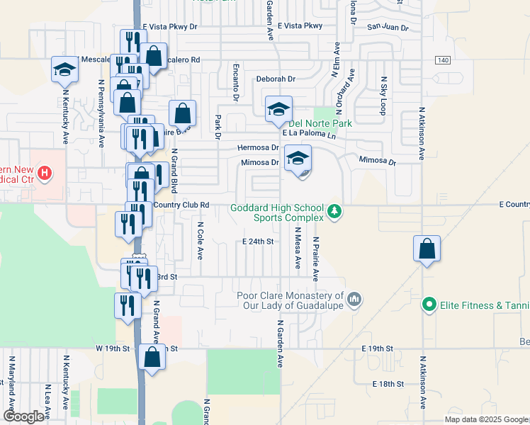 map of restaurants, bars, coffee shops, grocery stores, and more near 500 East Country Club Road in Roswell