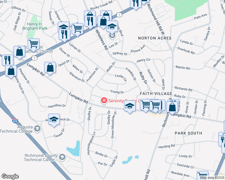 map of restaurants, bars, coffee shops, grocery stores, and more near 2417 Young Drive in Augusta
