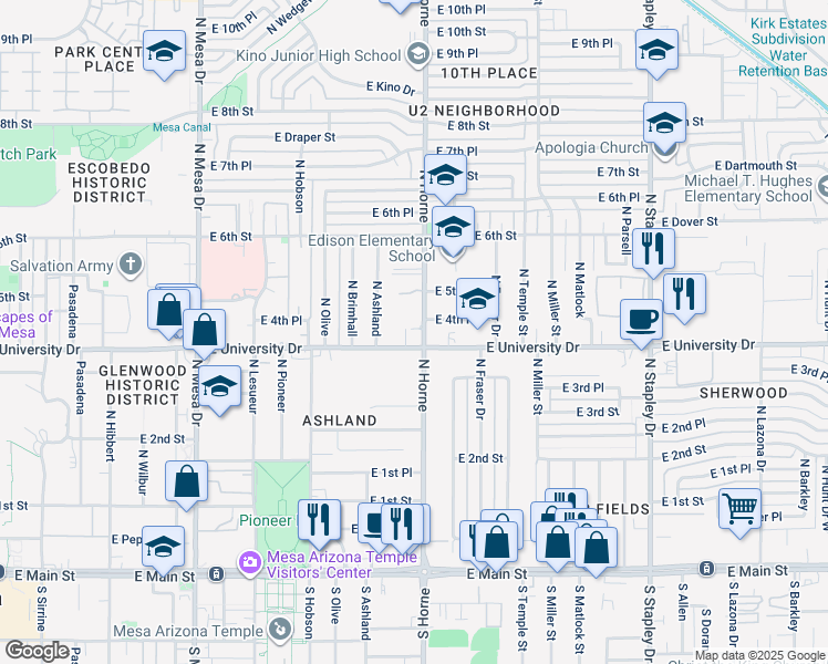 map of restaurants, bars, coffee shops, grocery stores, and more near 416 North Horne in Mesa