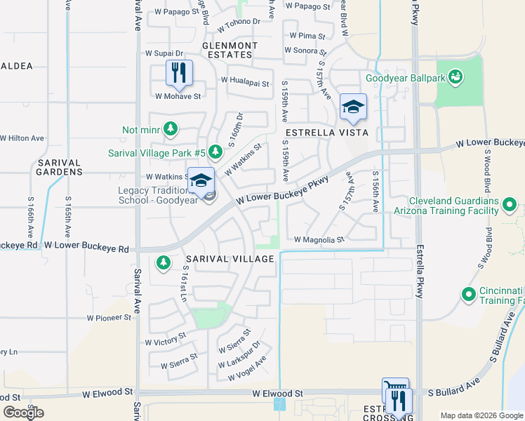 map of restaurants, bars, coffee shops, grocery stores, and more near 16013 West Bartlett Avenue in Goodyear