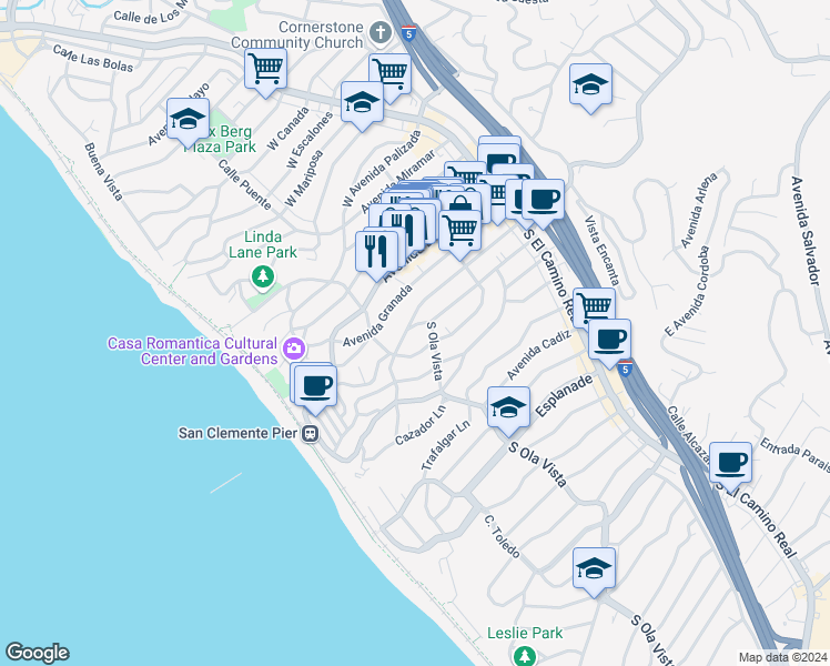 map of restaurants, bars, coffee shops, grocery stores, and more near 253 Avenida Rosa in San Clemente