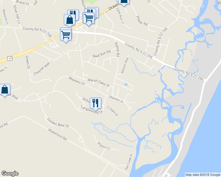 map of restaurants, bars, coffee shops, grocery stores, and more near 19 Harpoon Place in Pawleys Island