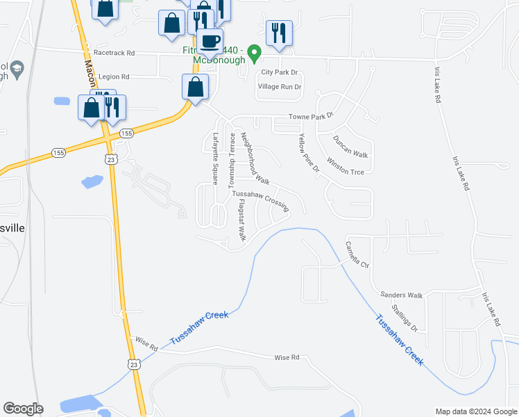 map of restaurants, bars, coffee shops, grocery stores, and more near 4030 Mission Way in McDonough