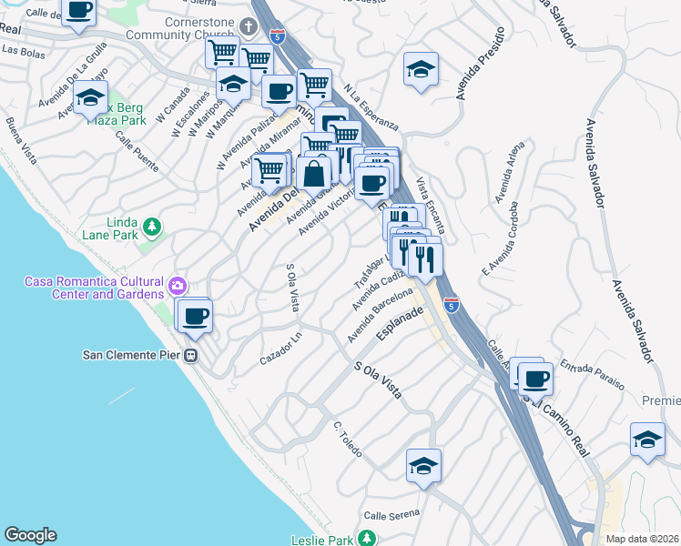 map of restaurants, bars, coffee shops, grocery stores, and more near 229 Avenida Monterey in San Clemente