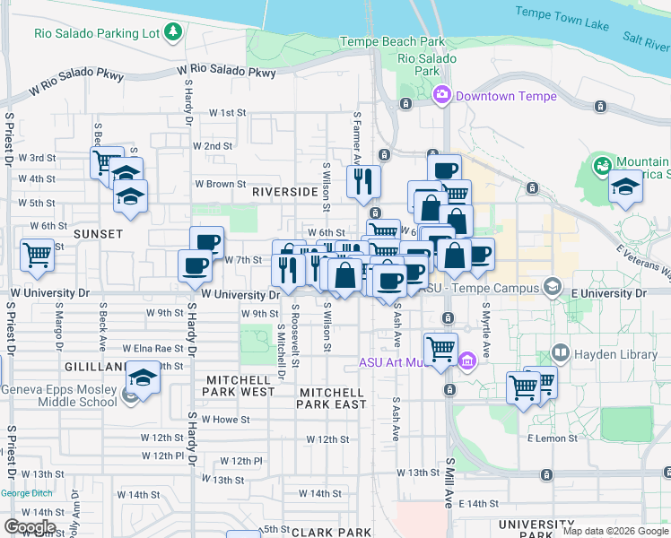 map of restaurants, bars, coffee shops, grocery stores, and more near 419 West 7th Street in Tempe