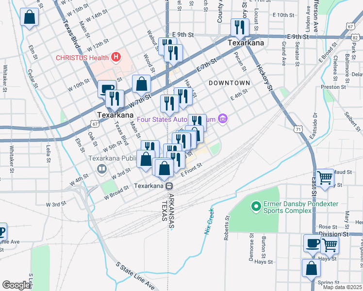 map of restaurants, bars, coffee shops, grocery stores, and more near 300 Olive Street in Texarkana