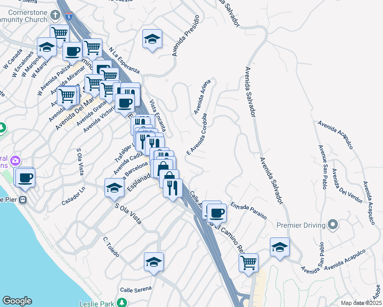 map of restaurants, bars, coffee shops, grocery stores, and more near 308 East Avenida Cordoba in San Clemente