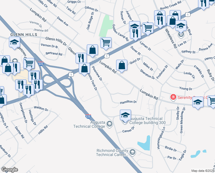 map of restaurants, bars, coffee shops, grocery stores, and more near 2538 Pineview Drive in Augusta