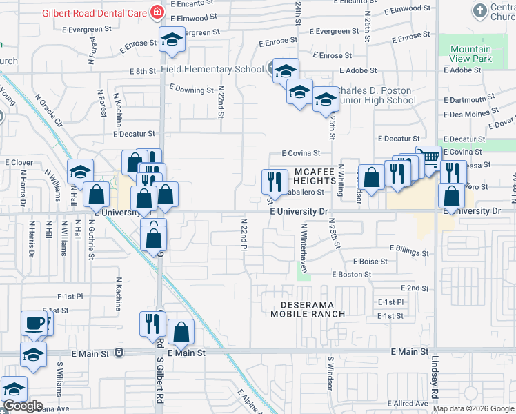 map of restaurants, bars, coffee shops, grocery stores, and more near 2260 East University Drive in Mesa